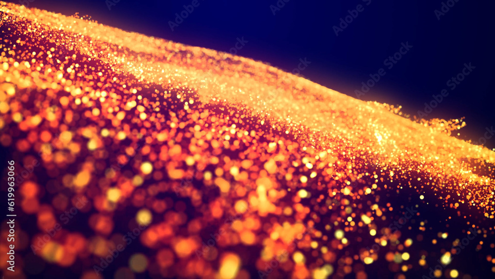 Aufkleber abstract bg, golden magic glitters fly in air form beautiful swirls. fiery sparkles float in viscous