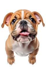 Adorable English bulldog puppy overhead view. Isolated transparent background
