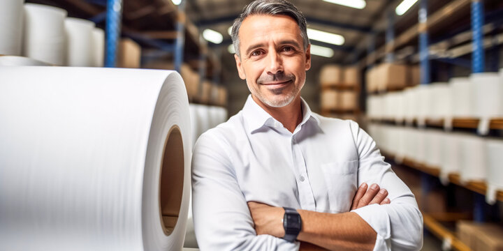 Paper mill factory male entrepreneur with Big White Paper Rolls Placed on the Floor, digital ai art
