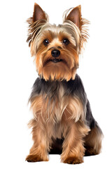 An adult Yorkshire terrier dog full body shot over white transparent background