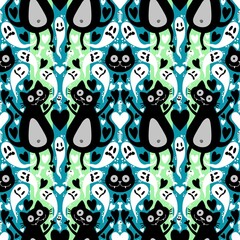 Cartoon animals monsters seamless Halloween cats and ghost pattern for wrapping paper and fabrics and kids clothes