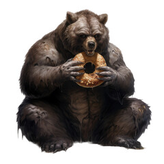 a hungry Grizzly/Brown bear eating a big donut, Fun-themed, photorealistic illustration in a PNG, cutout, and isolated. Generative AI