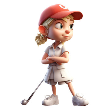 3D Render of Little Girl with golf club on white background with shadow