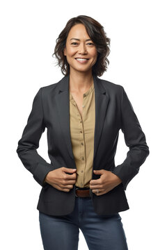 Middle aged happy mixed race woman posing casual over white transparent background