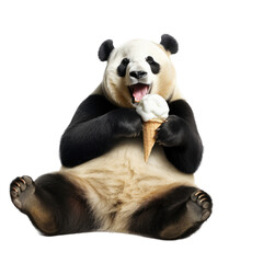 Obraz premium a hungry Giant Panda bear eating a vanilla ice cream cone, Fun-themed, photorealistic illustration in a PNG, cutout, and isolated. Generative AI