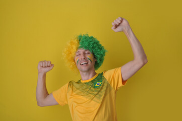 homem divertido brasileiro torcedor do brasil, copa do mundo de futebol 