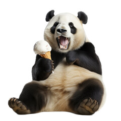 a hungry Giant Panda bear eating a vanilla ice cream cone, Fun-themed, photorealistic illustration in a PNG, cutout, and isolated. Generative AI