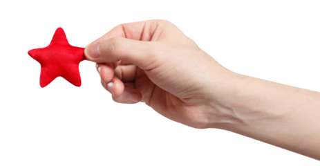 Male hand holding a red small star, cut out