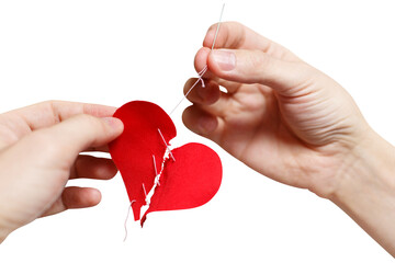 Hands repairing a broken red heart using needle and thread, cut out - obrazy, fototapety, plakaty