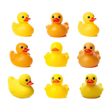 cute Rubber Duckies in sets and groups in various colors, 3d, fun summer toys Fun-themed, photorealistic illustrations in a PNG, cutout, and isolated. Generative AI