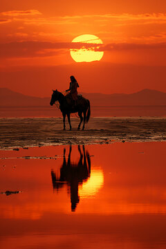 A person rides a horse in silhouette at sunset. AI generative