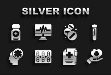 Set Pills in blister pack, Test tube with blood, Heart cross, Medical prescription and pen, Male head hospital, Medicine pill or tablet, bottle and Monitor cardiogram icon. Vector