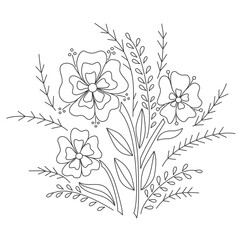 Bouquet of flowers in folk style. Hand drawing vector illustration. Graphic design of flowers. Monochrome black and white tattoo design. Decor for printing on tableware, clothing, stationery.
