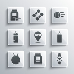 Set Sports nutrition, Smartwatch, Punching bag, Location gym, Kettlebell, Fitness shaker, and Tennis ball icon. Vector