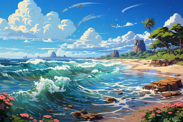 Anime Vector Art, Tropical Coastline. AI generative