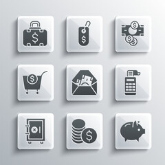Set Coin money with dollar, Piggy bank, Cash register machine, Envelope symbol, Safe, Shopping cart and, Briefcase and Stacks paper cash icon. Vector