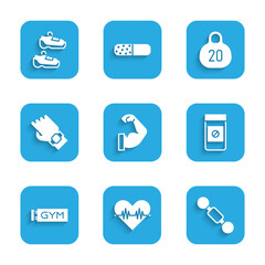 Set Bodybuilder muscle, Heart rate, Dumbbell, Anabolic drugs, Location gym, Smart watch hand, Kettlebell and Sport sneakers icon. Vector