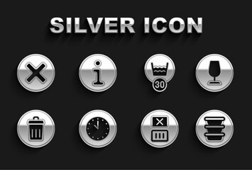 Set Clock, Fragile broken glass, Bowl, Temperature wash, Trash can, X Mark, Cross in circle and Information icon. Vector