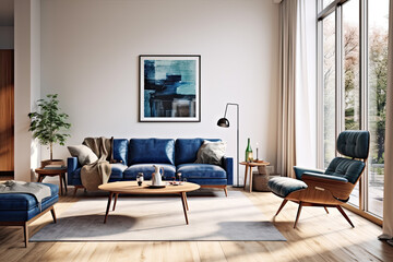 Modern Scandinavian style living room with blue sofa.  Generative AI