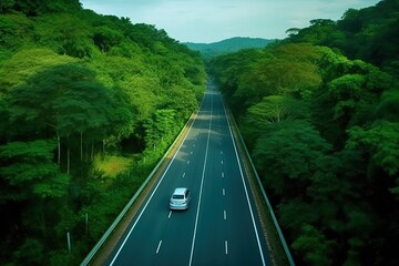 Aerial view of a road crossing a dense forest, generative ai