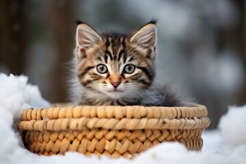 Fototapeta na wymiar cute kitten cub in the snow, generative ai