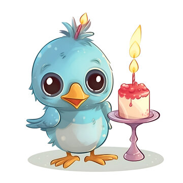 Cute blue bird with candle and cake. Vector cartoon illustration.