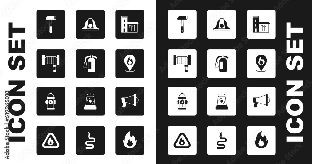 Sticker Set Building of fire station, Fire extinguisher, hose reel, Hammer, Location with flame, Firefighter helmet, Megaphone and hydrant icon. Vector