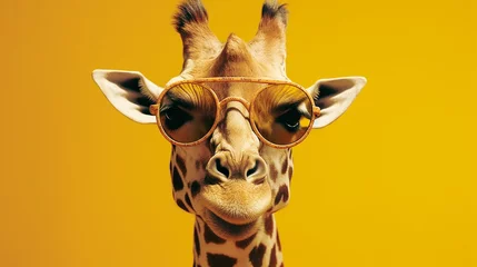 Poster Im Rahmen giraffe with sunglasses on yellow background generative AI © Melinda Nagy