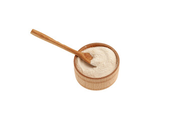 Food additive E415, Water Soluble powder. Xanthan Gum Powder in wooden bowl. Binding agent, Gluten free ingredient. Stabiliser, Thickener. Extracellular polysaccharide