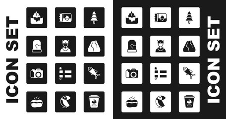 Set Tree, Viking head, Christmas mittens, Iceberg, Mountains, Ticket Iceland, Fish and Photo camera icon. Vector