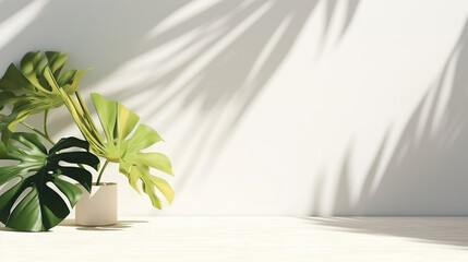 Beautiful foliage of tropical plant tree in sunlight, leaf shadow on table counter and white wall with space in background for product display backdrop. Generative AI.