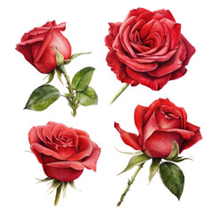 a Beautiful Red Rose, full body, richly colored, islolated in sets, clip art, Floral-themed, photorealistic illustrations in a PNG, cutout, and isolated. Generative AI