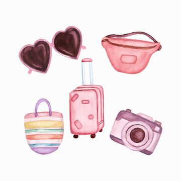 Summer Travel Essentials Watercolor Set, Suitcase, Camera, Bag, Cute Vacation Objects