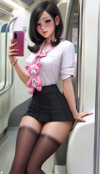 Anime, a sexy girl in a short skirt takes a selfie photo on a smartphone, a view from a lower angle in the subway train. Created with AI.