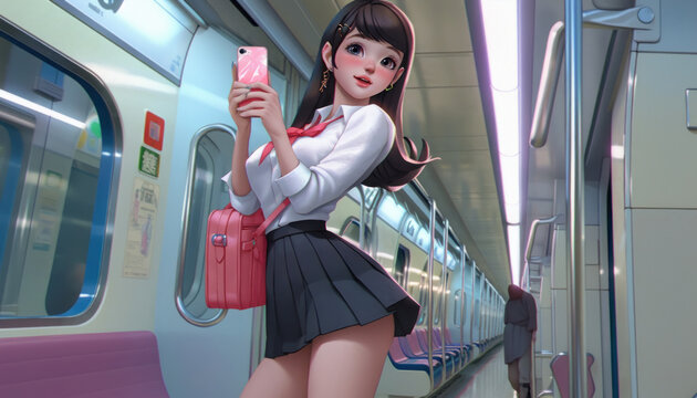Anime, a sexy girl in a short skirt takes a selfie photo on a smartphone, a view from a lower angle in the subway train. Created with AI.