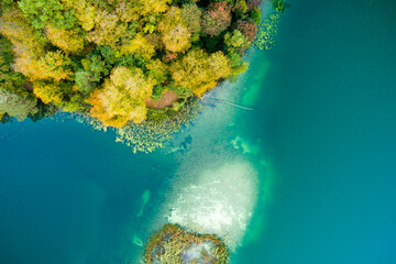 Fototapeta na wymiar Aerial view of beautiful Balsys lake, one of six Green Lakes, located in Verkiai Regional Park. Birds eye view of scenic emerald lake surrounded by pine forests. Vilnius, Lithuania.