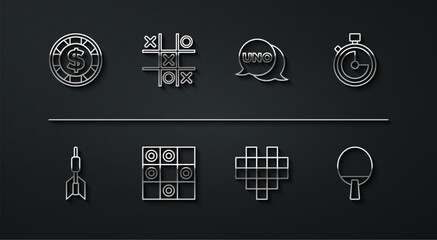 Set line Casino chip with dollar, Dart arrow, Stopwatch, Pixel hearts for game, Board of checkers, Tic tac toe, Racket and Uno card icon. Vector