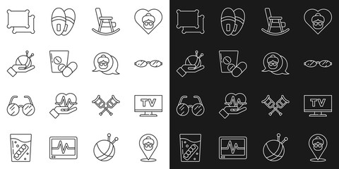 Set line Nursing home, Smart Tv, Eyeglasses, Rocking chair, Medicine pill or tablet, Yarn ball with knitting needles, Pillow and Grandmother icon. Vector