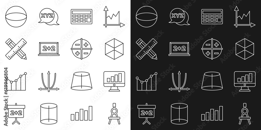 Aufkleber set line drawing compass, computer monitor with graph chart, geometric figure cube, calculator, chal