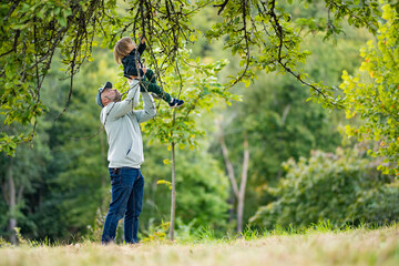 Cute toddler boy helping to harvest apples in apple tree orchard in summer day. Child picking...