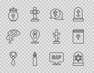 Set line Tie, Grave with star of david, cross, Burning candle, Funeral, Coffin, Speech bubble rip death and Holy bible book icon. Vector - obrazy, fototapety, plakaty