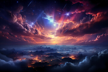 The night view on the brilliant lights and clouds. AI generative