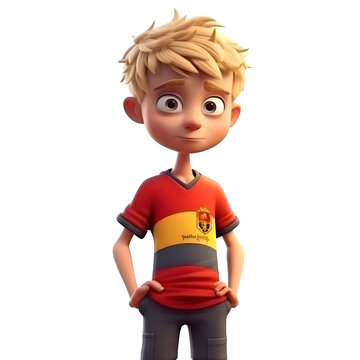 3D rendering of a cartoon character with Spain flag on his shirt