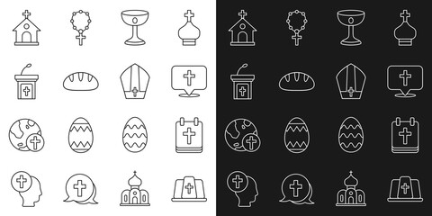 Set line Pope hat, Calendar with Easter, Location church building, Christian chalice, bread, Church sermon tribune, and icon. Vector