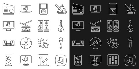 Set line Music note, tone, Microphone, Guitar, player, Drum with drum sticks, Computer music, Radio and Stereo speaker icon. Vector