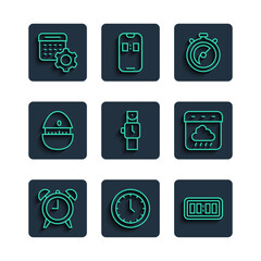 Set line Alarm clock, Clock, Digital alarm, Stopwatch, Wrist, Kitchen timer, Calendar settings and autumn icon. Vector