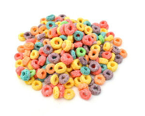 Fototapeta na wymiar Delicious and nutritious fruit cereal loops flavorful, healthy and funny addition to kids breakfast in bowl on white background 
