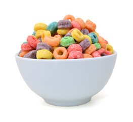 Delicious and nutritious fruit cereal loops flavorful, healthy and funny addition to kids breakfast in bowl on white background  - 619967675