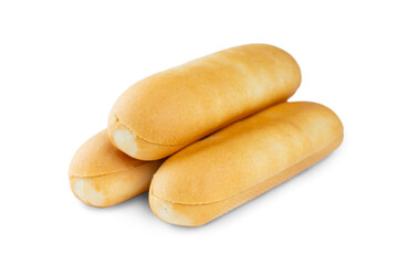 Three hot dog wheat buns isolated on white, transparent background, PNG. Cooking ingredient for hot dog, american cuisine. Fast food, street food, sausage roll, take away.