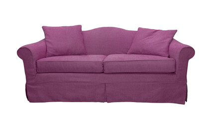 Pink sofa with two pillows isolated on white, transparent background, PNG. Classic english style two seater cushion couch with upholstery cover, front view